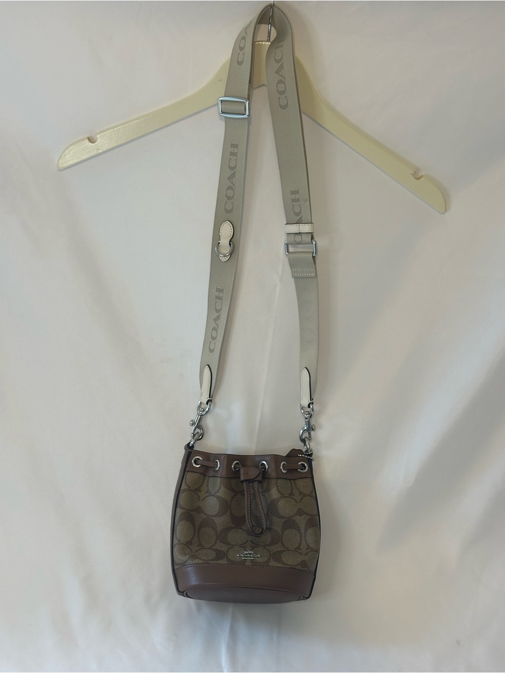 Coach Brown Signature Canvas Bucket Crossbody with Beige Strap